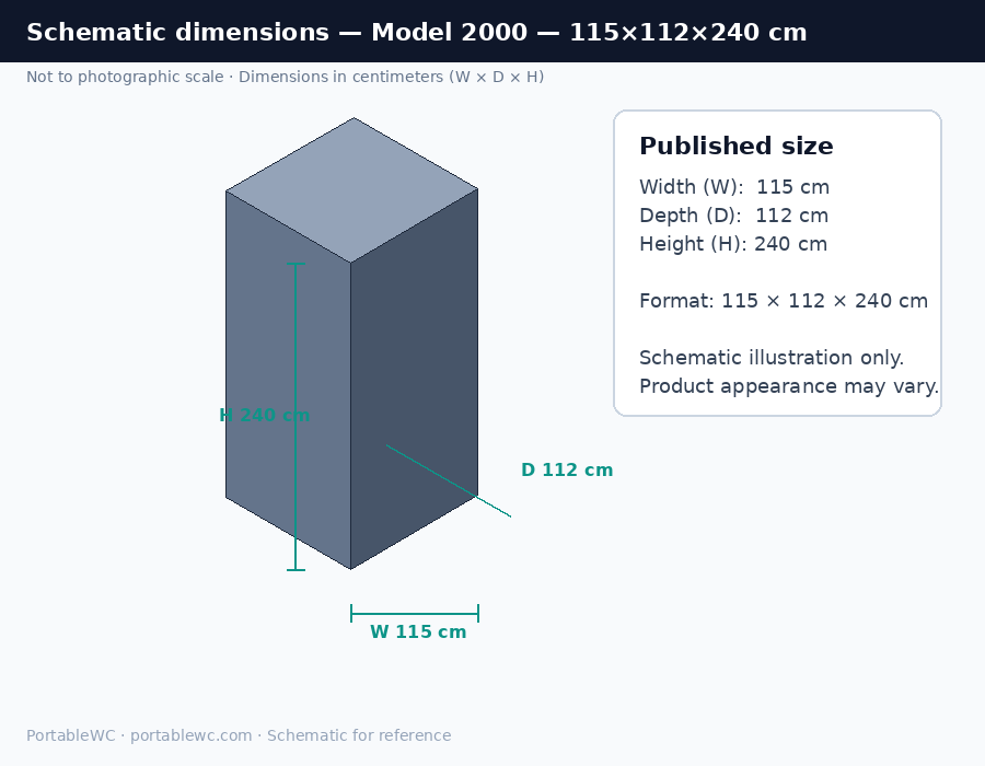 Portable shower Model 2000 schematic drawing with dimensions