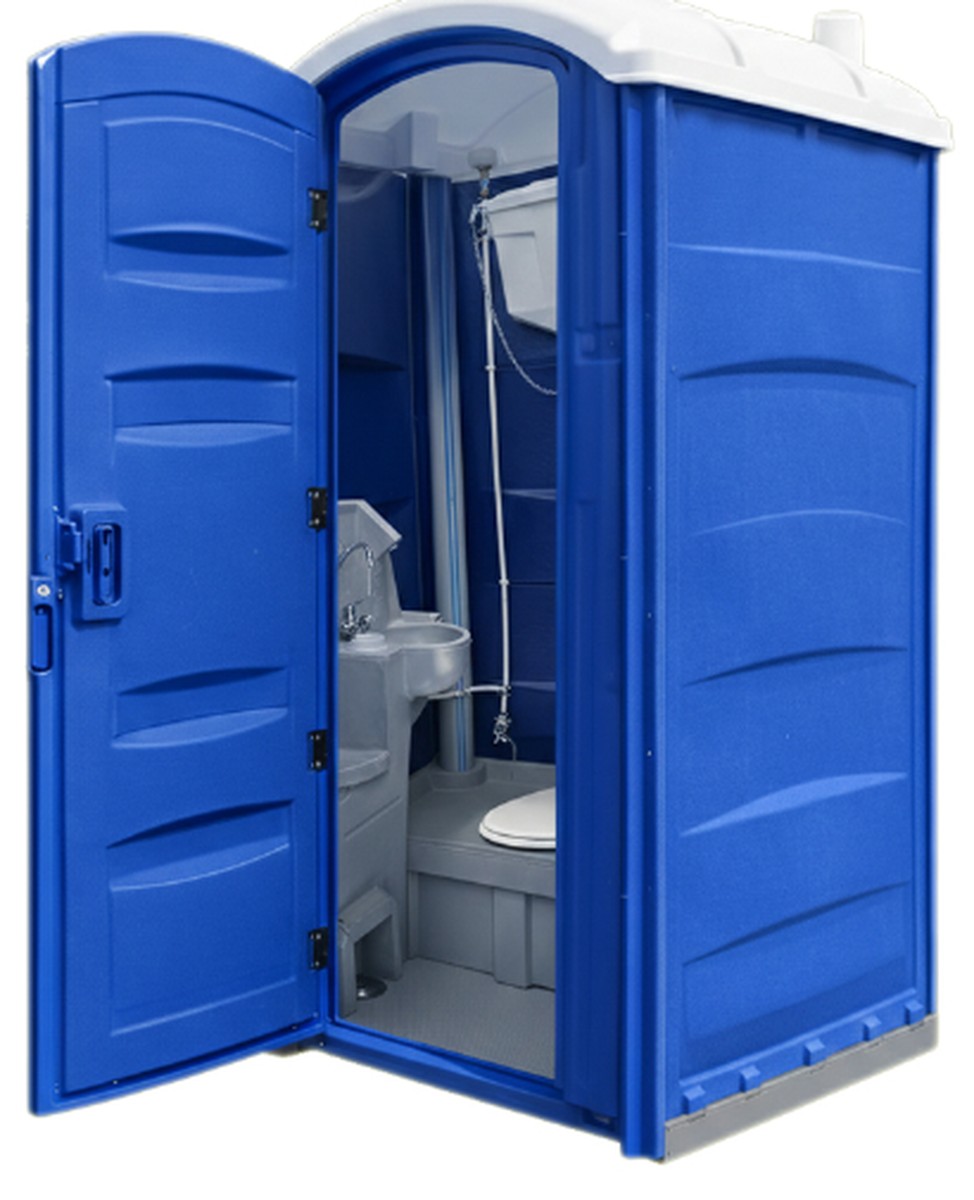 Portable toilet Model 2040F interior with sitting bowl and foot-pump handwash