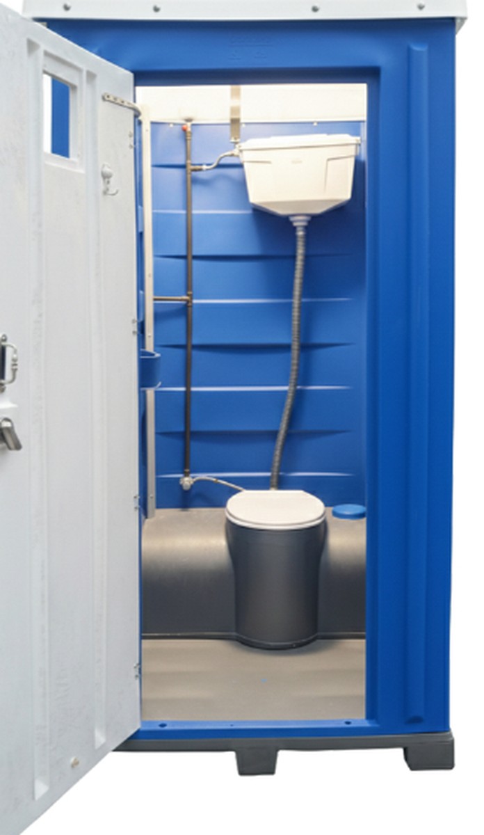 Portable toilet Model 2020 interior with sitting bowl and open door